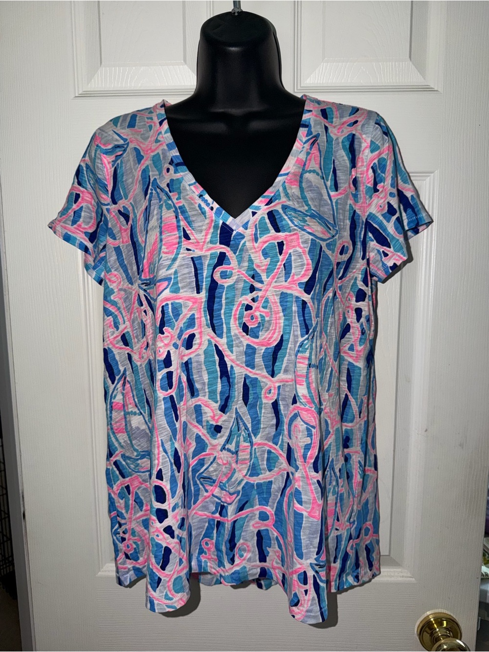 Lilly Pulitzer Etta V Neck Top Short Sleeve Skim Blue Reel Nauti Pink Sailing